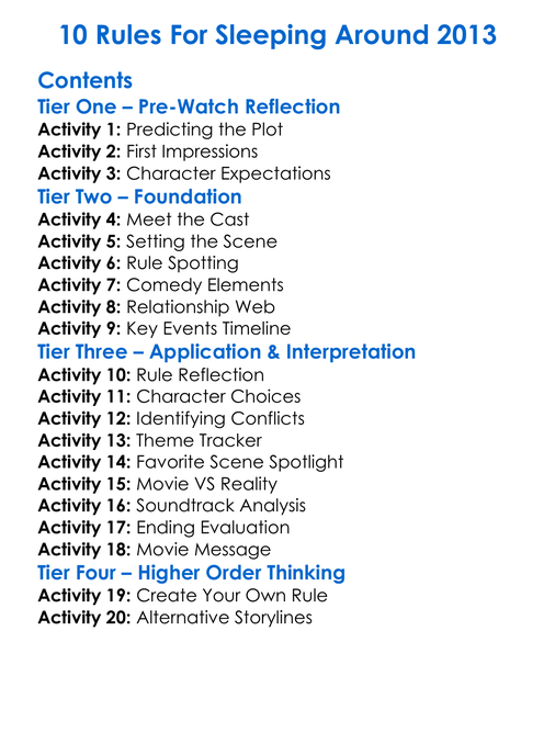 10 Rules For Sleeping Around 2013 Worksheet Activity Booklet