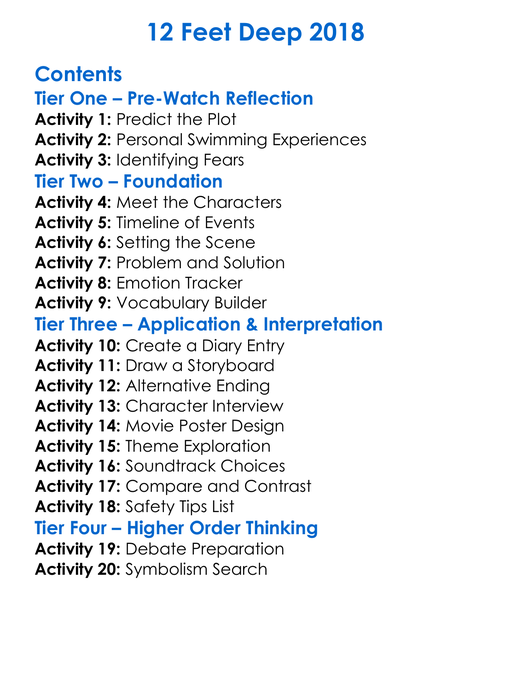 12 Feet Deep 2018 Worksheet Activity Booklet
