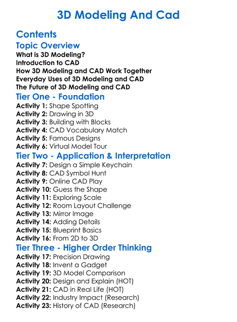 3D Modeling And Cad Worksheet Activity Booklet