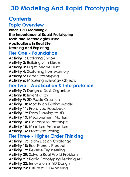 3D Modeling And Rapid Prototyping Worksheet Activity Booklet