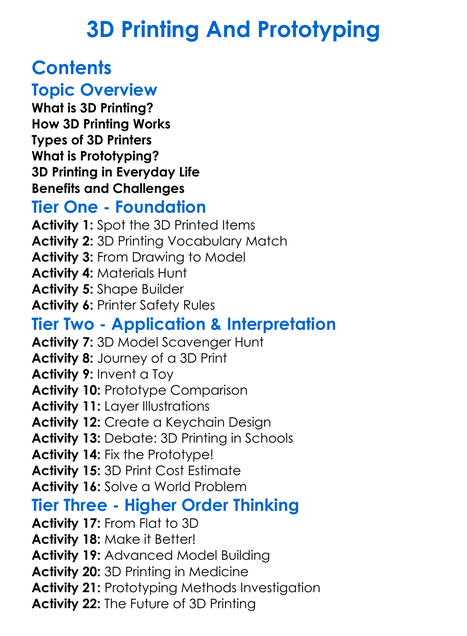 3D Printing And Prototyping Worksheet Activity Booklet