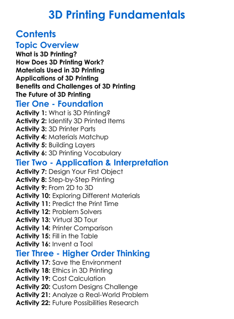 3D Printing Fundamentals Worksheet Activity Booklet