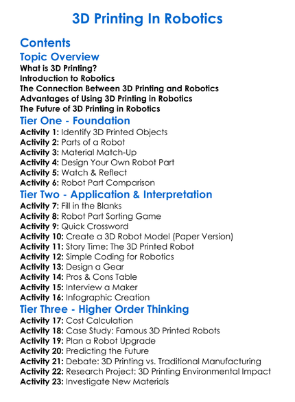 3D Printing In Robotics Worksheet Activity Booklet