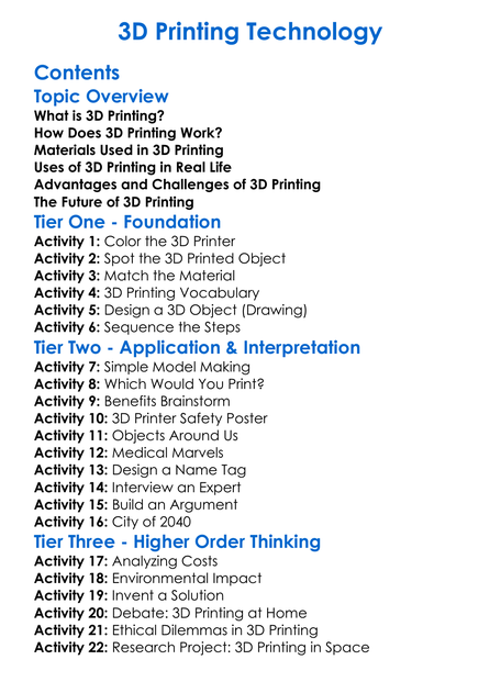 3D Printing Technology Worksheet Activity Booklet