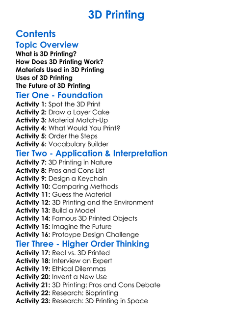 3D Printing Worksheet Activity Booklet