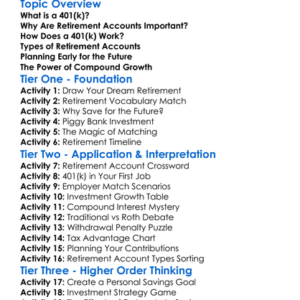 401K And Retirement Accounts Worksheet Activity Booklet