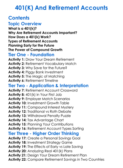 401K And Retirement Accounts Worksheet Activity Booklet