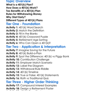401K Plans Worksheet Activity Booklet