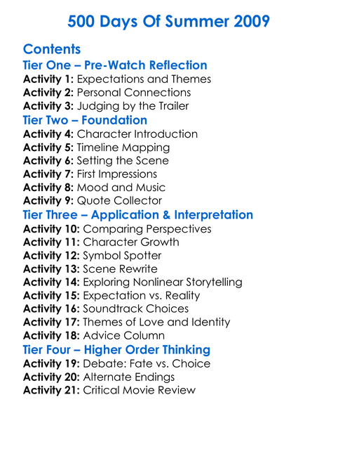 500 Days Of Summer 2009 Worksheet Activity Booklet