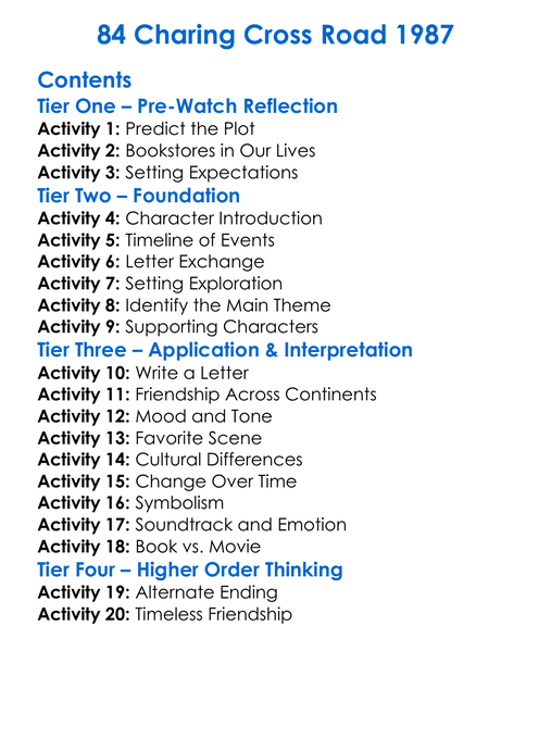 84 Charing Cross Road 1987 Worksheet Activity Booklet