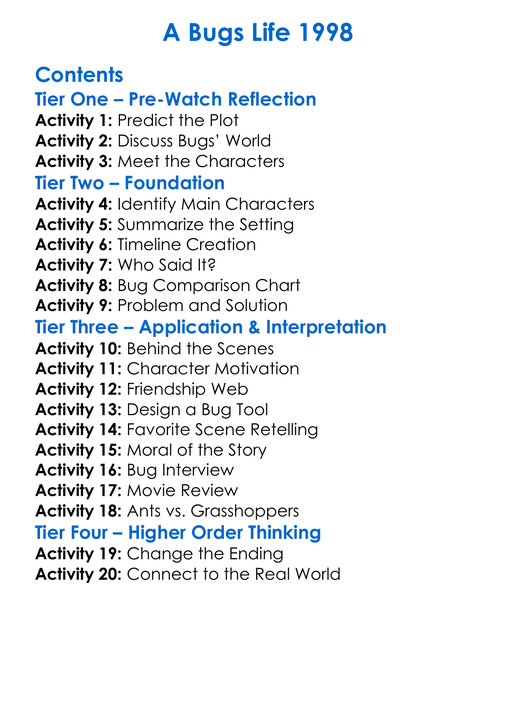 A Bugs Life 1998 Worksheet Activity Booklet