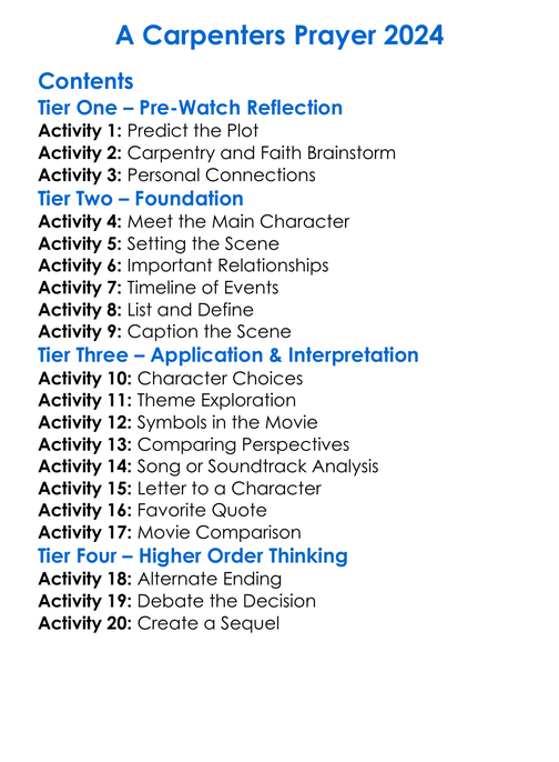 A Carpenters Prayer 2024 Worksheet Activity Booklet