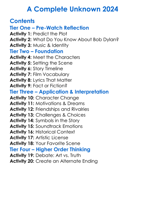 A Complete Unknown 2024 Worksheet Activity Booklet