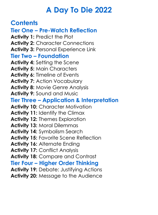 A Day To Die 2022 Worksheet Activity Booklet