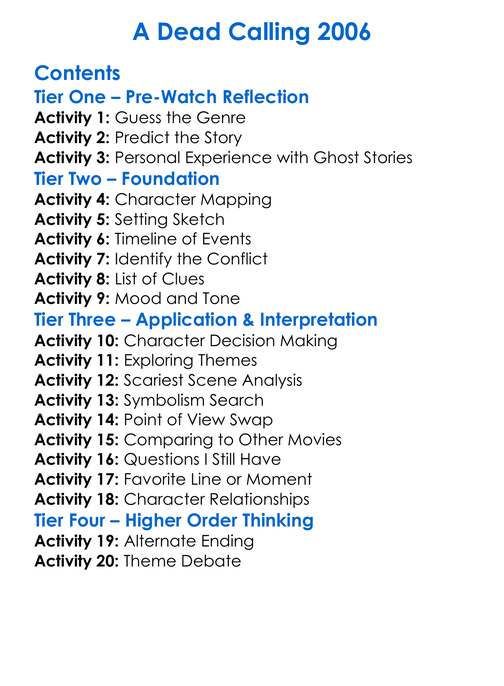 A Dead Calling 2006 Worksheet Activity Booklet