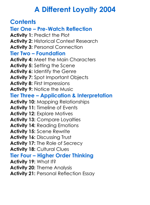 A Different Loyalty 2004 Worksheet Activity Booklet
