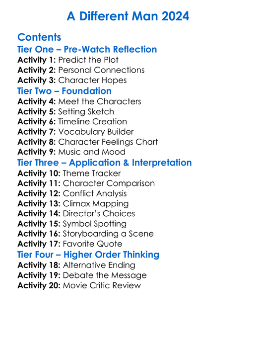 A Different Man 2024 Worksheet Activity Booklet