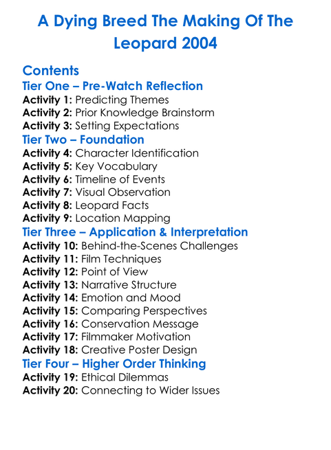 A Dying Breed The Making Of The Leopard 2004 Worksheet Activity Booklet