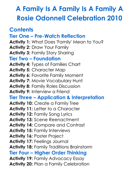A Family Is A Family Is A Family A Rosie Odonnell Celebration 2010 Worksheet Activity Booklet