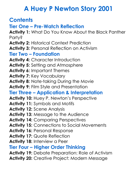 A Huey P Newton Story 2001 Worksheet Activity Booklet