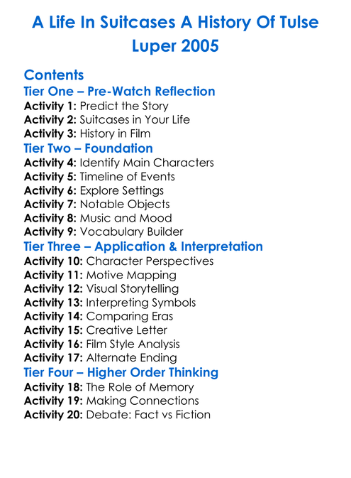 A Life In Suitcases A History Of Tulse Luper 2005 Worksheet Activity Booklet