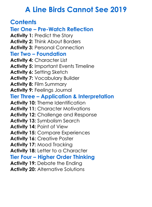 A Line Birds Cannot See 2019 Worksheet Activity Booklet