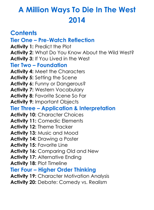 A Million Ways To Die In The West 2014 Worksheet Activity Booklet