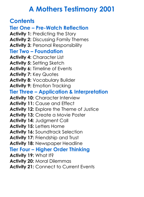A Mothers Testimony 2001 Worksheet Activity Booklet
