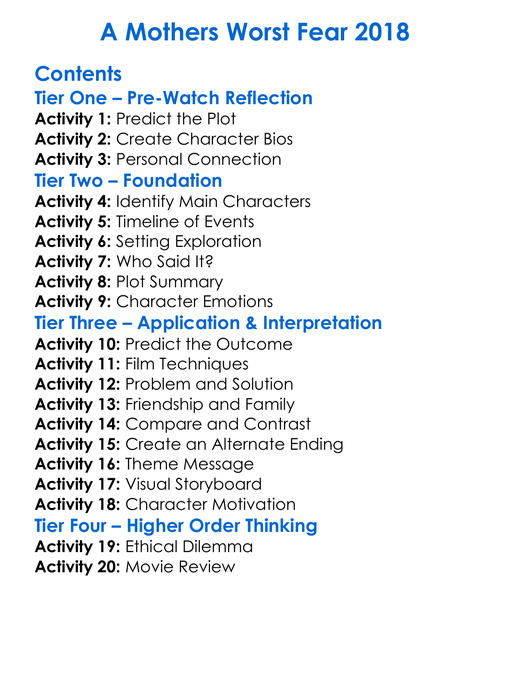 A Mothers Worst Fear 2018 Worksheet Activity Booklet