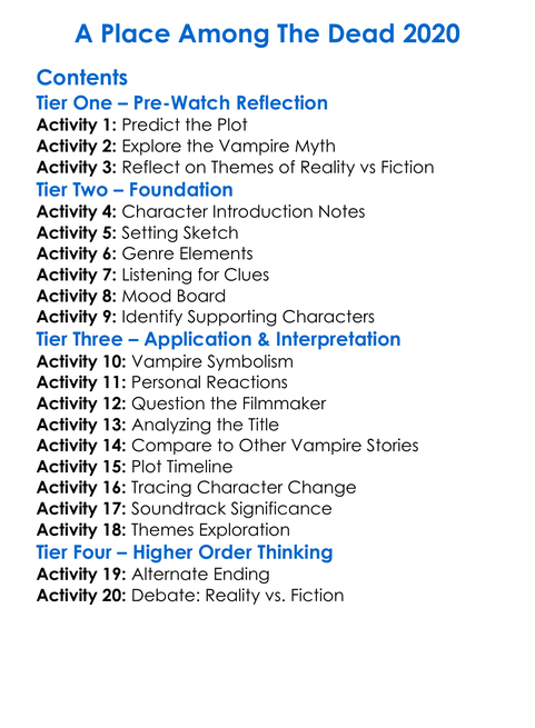A Place Among The Dead 2020 Worksheet Activity Booklet