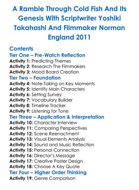 A Ramble Through Cold Fish And Its Genesis With Scriptwriter Yoshiki Takahashi And Filmmaker Norman England 2011 Worksheet Activity Booklet