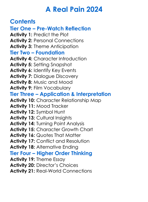 A Real Pain 2024 Worksheet Activity Booklet