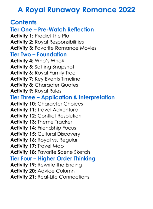 A Royal Runaway Romance 2022 Worksheet Activity Booklet