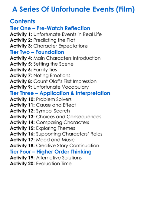 A Series Of Unfortunate Events Film Worksheet Activity Booklet