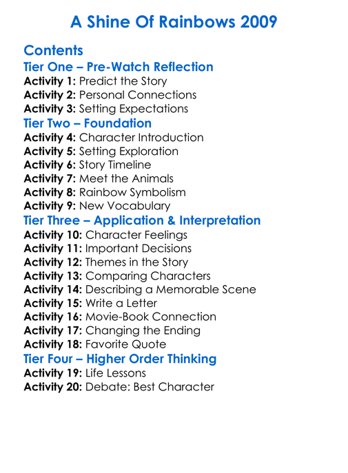 A Shine Of Rainbows 2009 Worksheet Activity Booklet