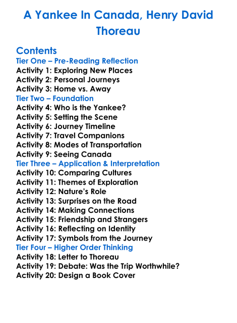 A Yankee In Canada Henry David Thoreau Worksheet Activity Booklet