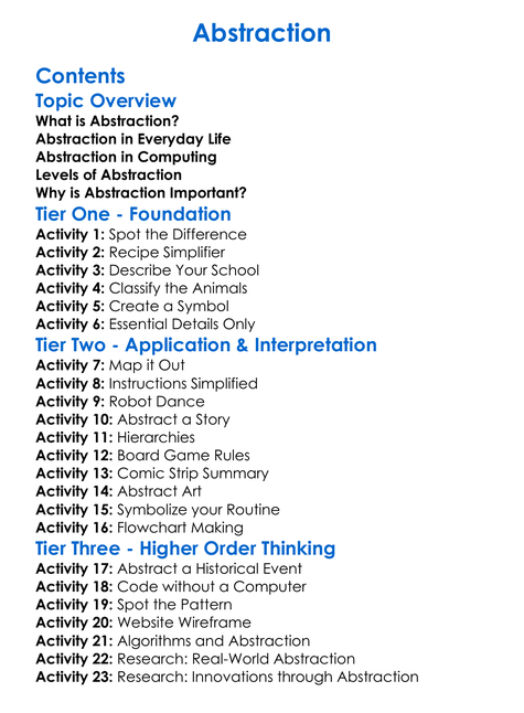 Abstraction Worksheet Activity Booklet