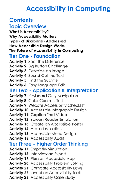 Accessibility In Computing Worksheet Activity Booklet