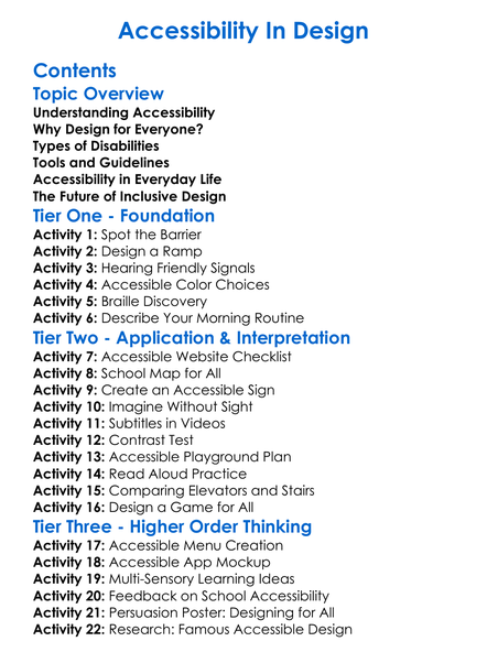 Accessibility In Design Worksheet Activity Booklet