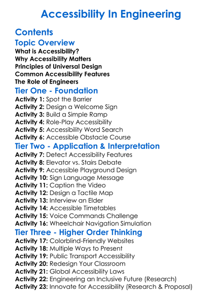 Accessibility In Engineering Worksheet Activity Booklet