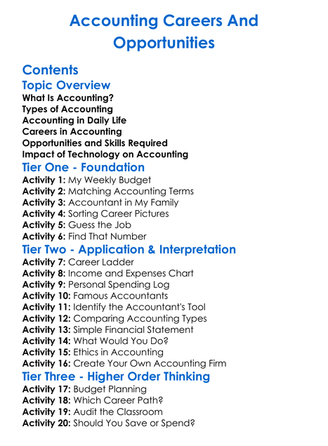 Accounting Careers And Opportunities Worksheet Activity Booklet