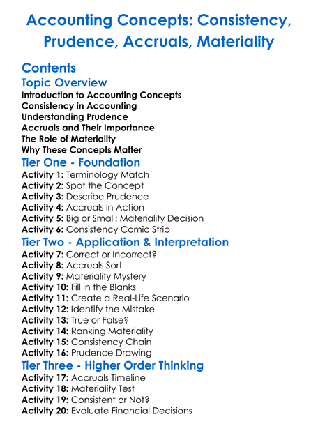 Accounting Concepts Consistency Prudence Accruals Materiality Worksheet Activity Booklet