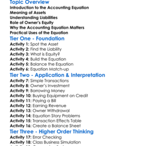 Accounting Equation Worksheet Activity Booklet