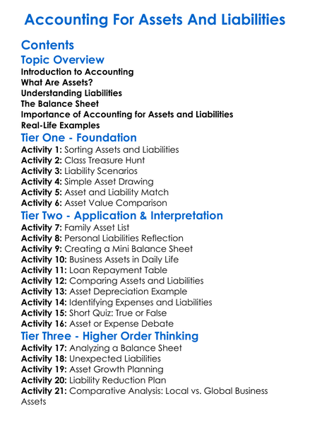 Accounting For Assets And Liabilities Worksheet Activity Booklet