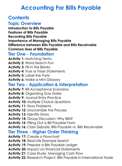 Accounting For Bills Payable Worksheet Activity Booklet