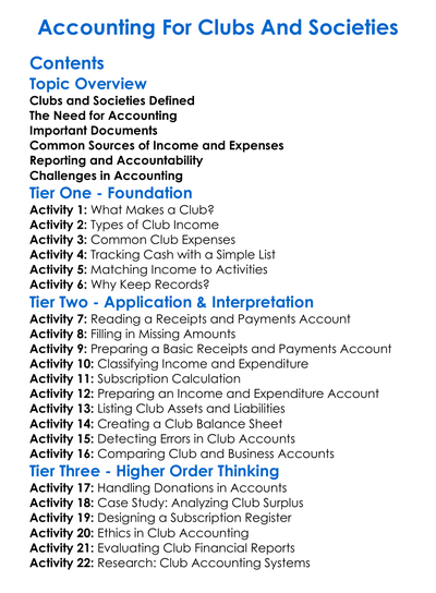 Accounting For Clubs And Societies Worksheet Activity Booklet