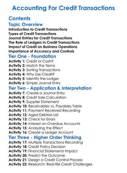 Accounting For Credit Transactions Worksheet Activity Booklet