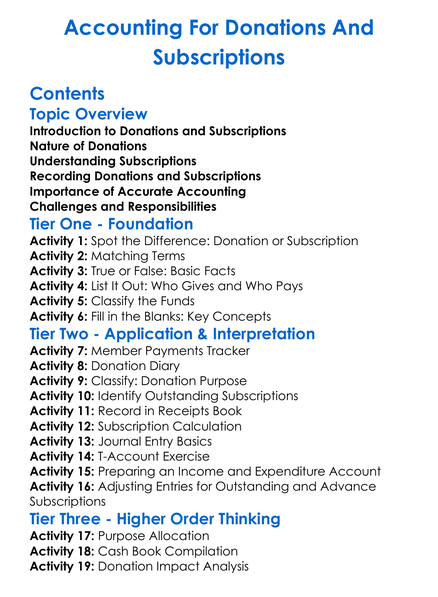 Accounting For Donations And Subscriptions Worksheet Activity Booklet