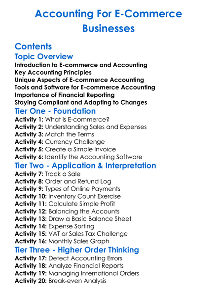 Accounting For E-Commerce Businesses Worksheet Activity Booklet