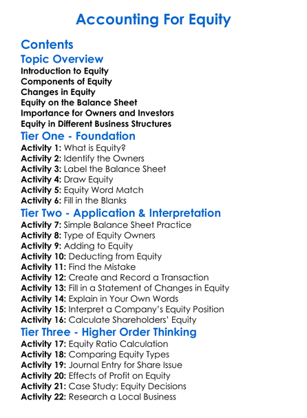 Accounting For Equity Worksheet Activity Booklet